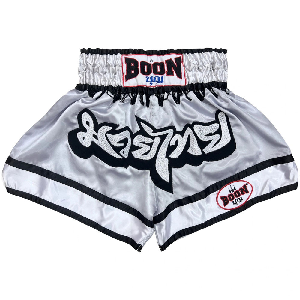 Boon Grey/White Muay Thai Shorts at FightHQ