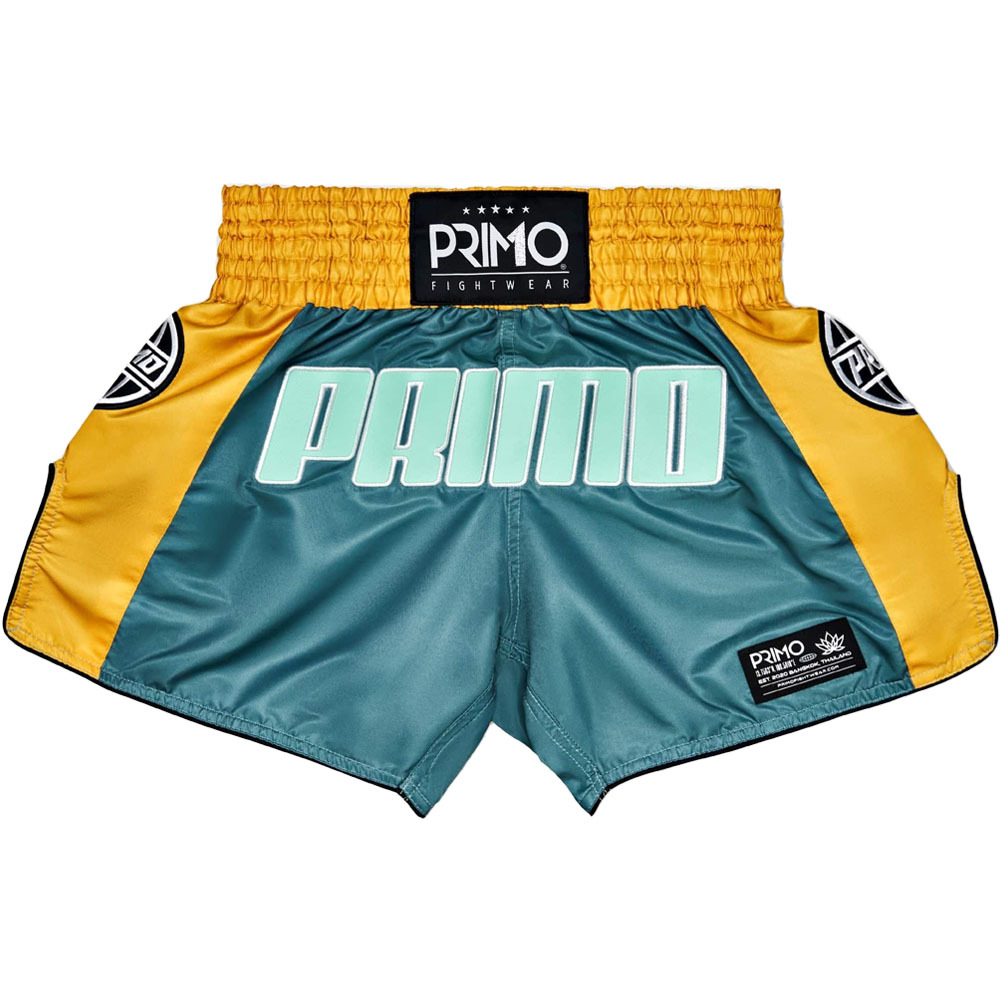 Primo Trinity Series Green/Yellow Muay Thai Shorts at FightHQ